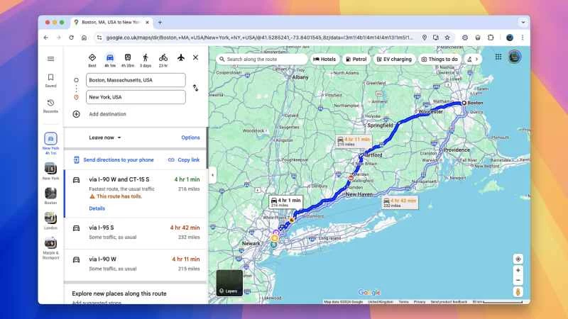 Google地圖截圖，顯示紐約到波士頓的交通狀況及時間
