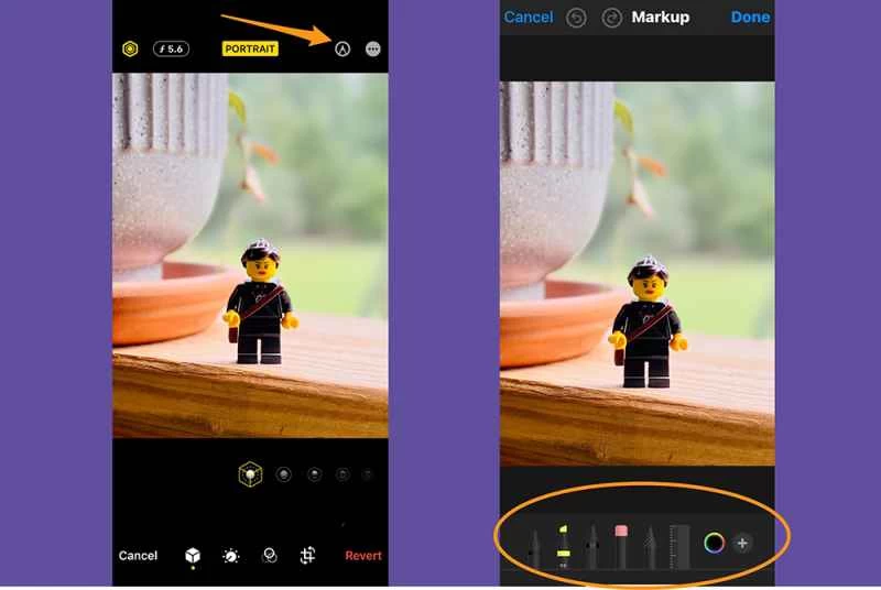 iPhone 照片應用程式處於編輯模式，顯示在照片上書寫或繪畫的選項。