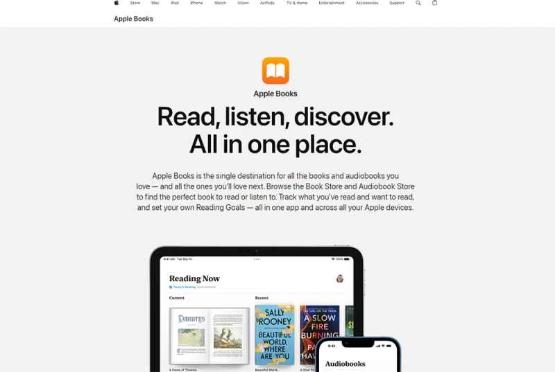 Apple Books 的主頁，上面顯示了 iPad 和 iPhone，並展示了書籍。