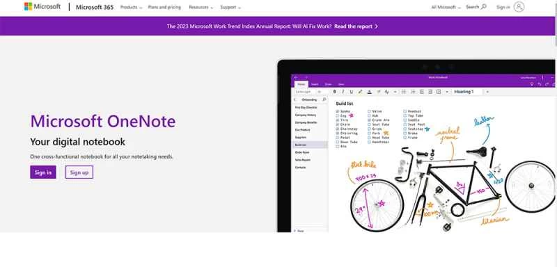 OneNote 應用程式的主頁，在 iPad 螢幕上顯示自行車組裝清單和自行車圖片。