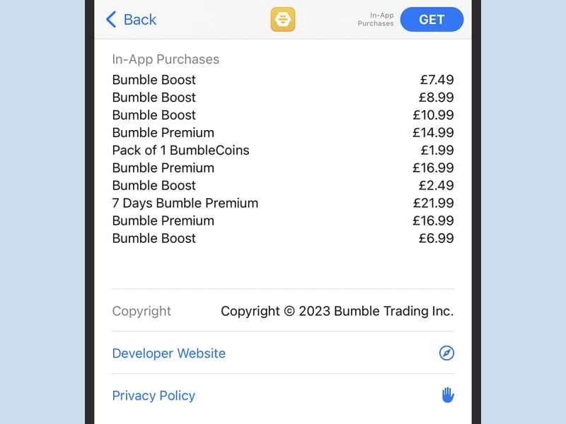 Bumble 應用內價格表。