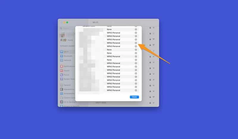 Mac 上先前的 WiFi 網路列表，您可以在其中找到目前和先前網路的 WiFi 密碼。