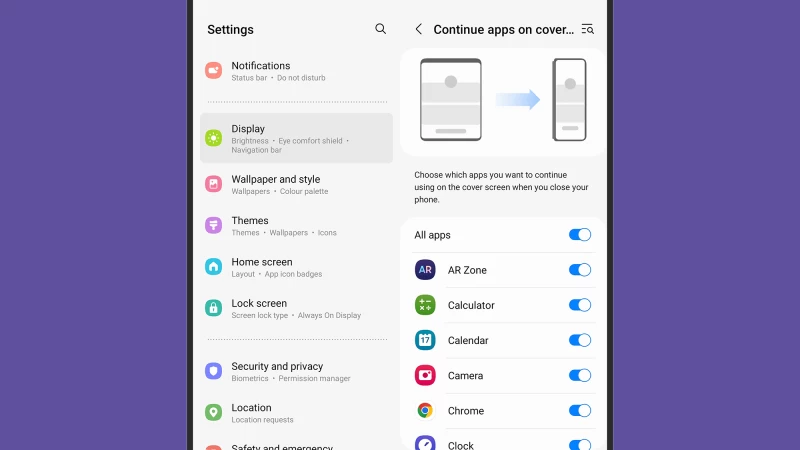 用於將應用程式傳輸到 Galaxy Z Fold 5 封面螢幕的選單