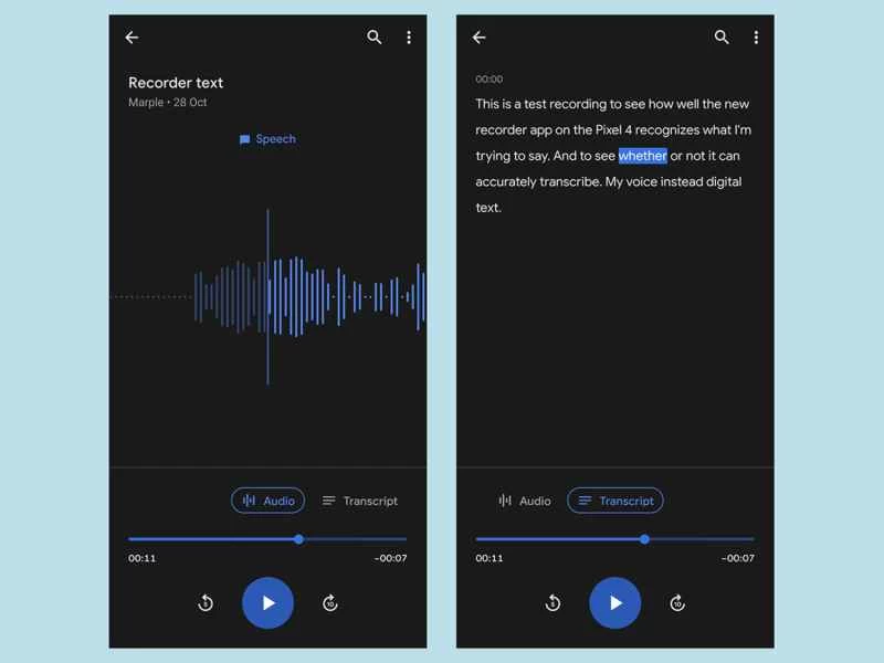 Pixel 4 上錄音應用轉錄工具的螢幕截圖