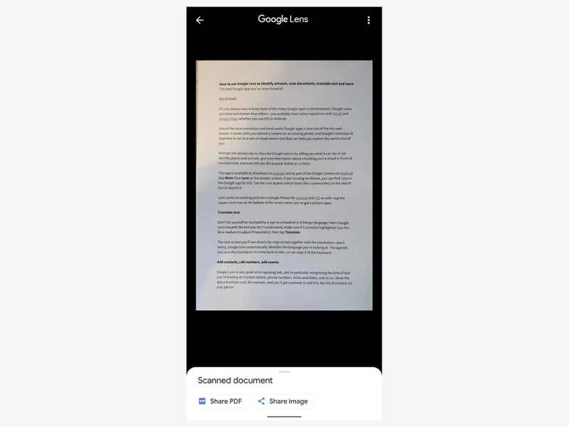 谷歌鏡頭文件掃描功能的螢幕截圖
