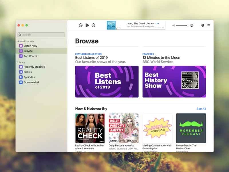 在 macOS 電腦上安裝 Apple 的 Podcasts 應用，顯示用於尋找播客的搜尋功能。