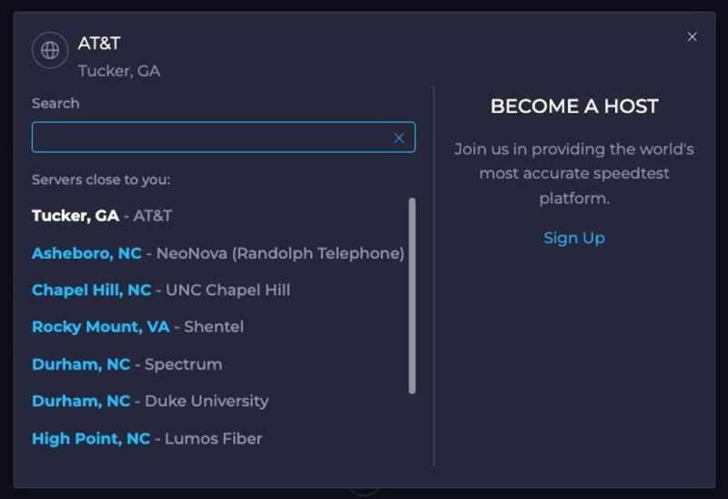 在 Ookla 上選擇一個伺服器來測試您的網路速度。