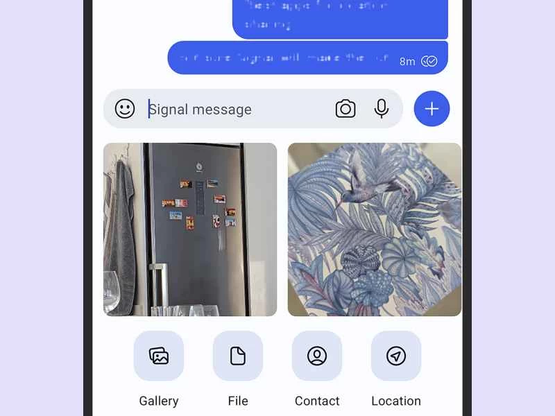 Signal 即時通訊應用，顯示包含如何分享位置在內的各種選項。