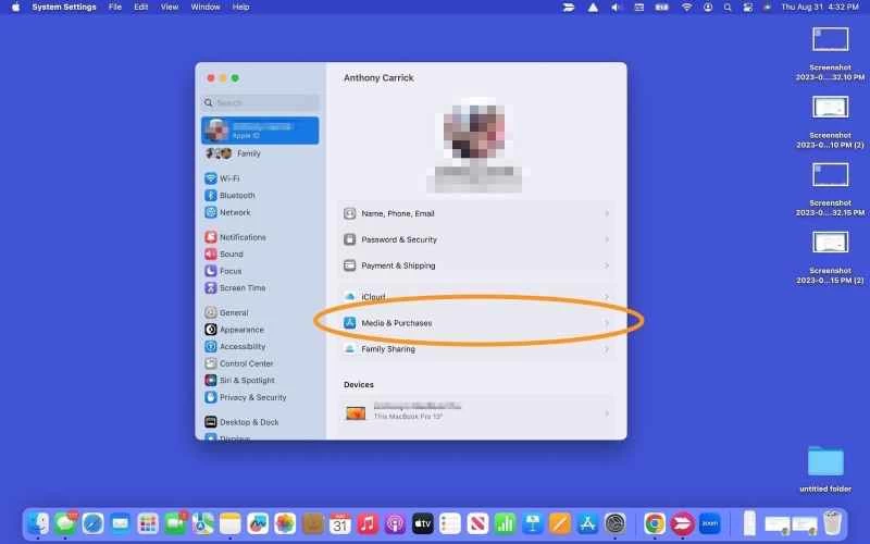 若要在 Mac 上取消 Apple Music，請依序點擊「媒體和購買項目」。
