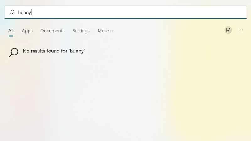 移除 Bing 搜尋後,Windows 11 開始功能表搜尋「bunny」沒有顯示任何結果。
