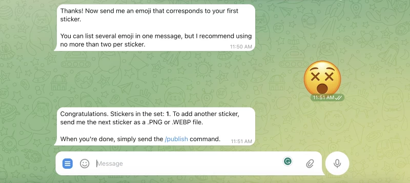 Telegram 的貼圖機器人會要求用戶在匯出的 WhatsApp 貼圖中加入表情符號。