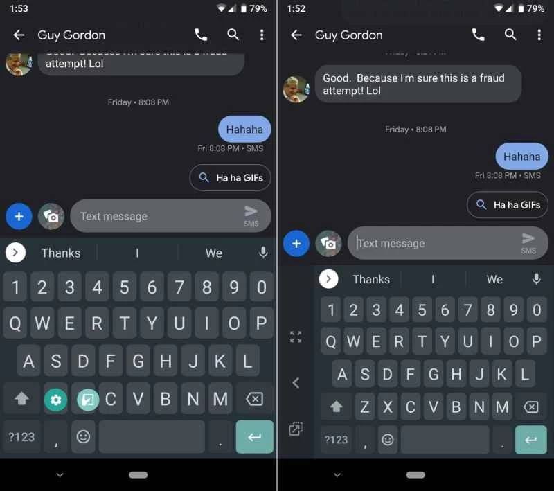 啟用單手鍵盤功能的安卓手機螢幕。