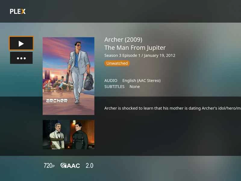Plex 介面,顯示《Archer:來自木星的人》。