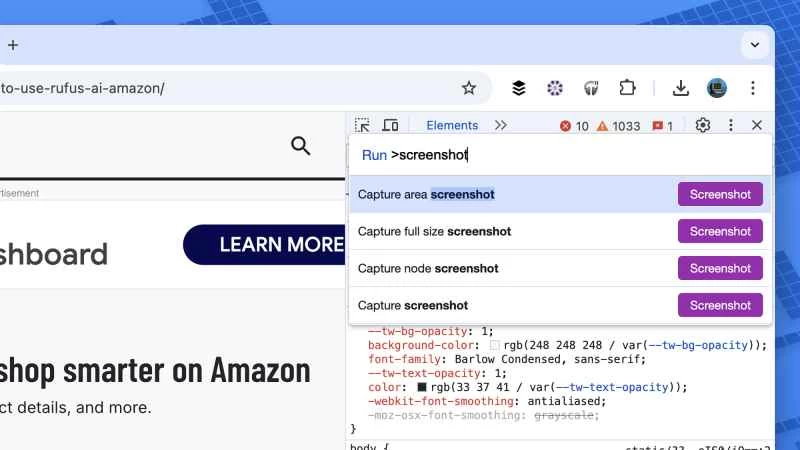 谷歌瀏覽器視窗中「擷取區域截圖」選項的螢幕截圖