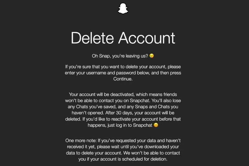 Snapchat 的刪除帳號介面。