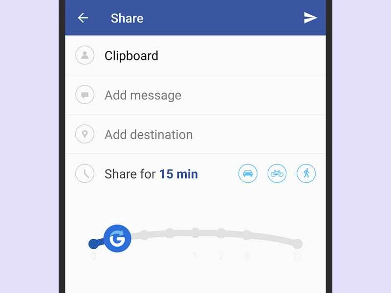 Glympse 應用程式介面，顯示共享位置的選項。