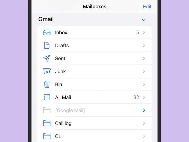 iPhone 上 Apple 郵件應用程式中的 Gmail 信箱。
