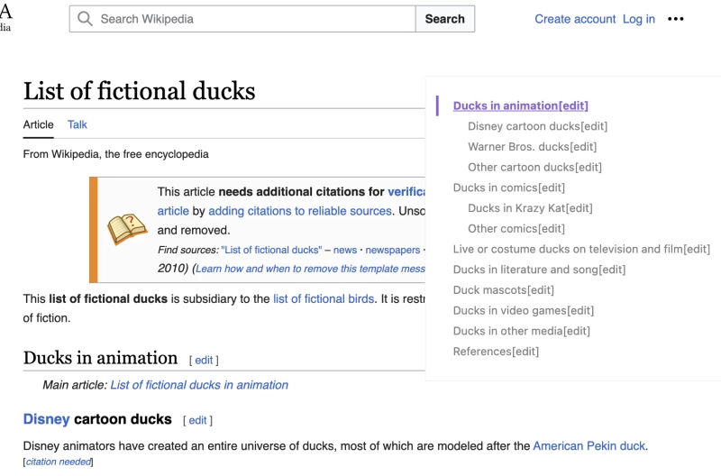 維基百科上關於虛構鴨子的列表頁面,顯示了由 Simple Outliner 瀏覽器擴充功能創建的目錄。