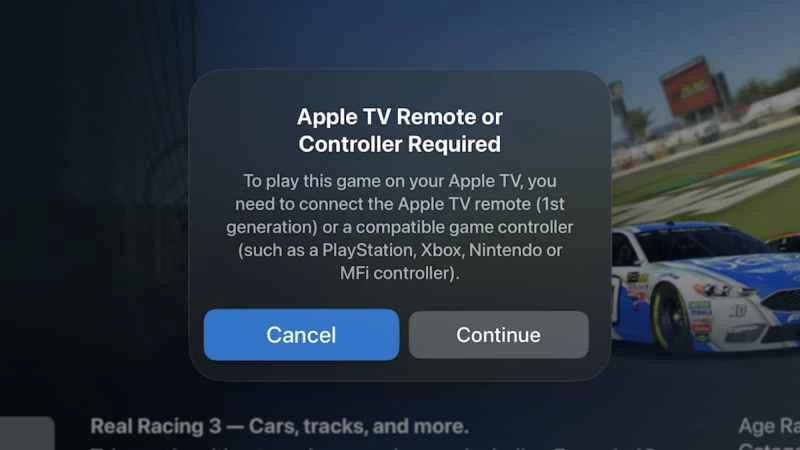 Apple TV 4K 遊戲選單中彈出一個對話框，顯示需要控制器。