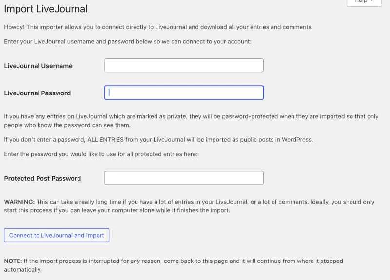 用於將 LiveJournal 資料匯入 WordPress 的 WordPress 工具，顯示了您需要在哪裡輸入 LiveJournal 使用者名稱和密碼才能開始備份過程。
