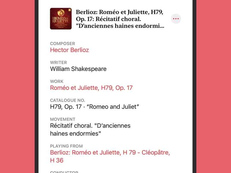 Apple Music Classical 中的一首樂曲列表。