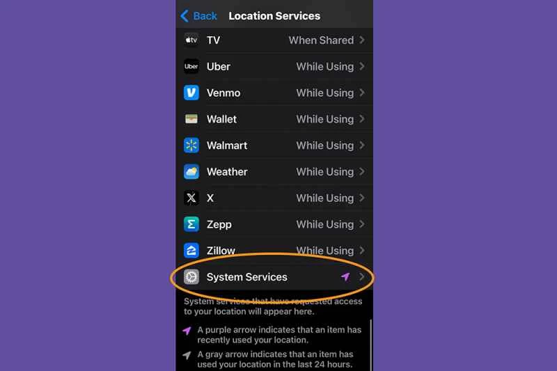 iPhone 定位服務設置,顯示系統服務的位置。