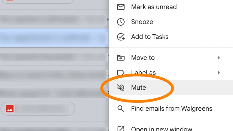 Gmail選單中的靜音郵件選項