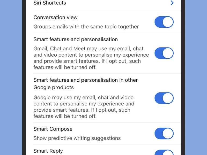 Gmail 應用隱私設定的螢幕截圖