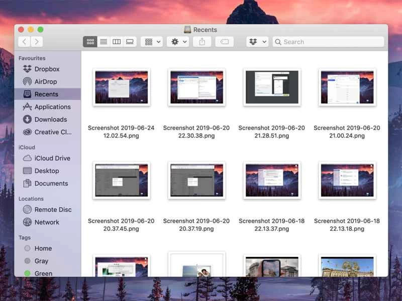 macOS 上的 Finder 視窗顯示最近使用的圖像檔案。