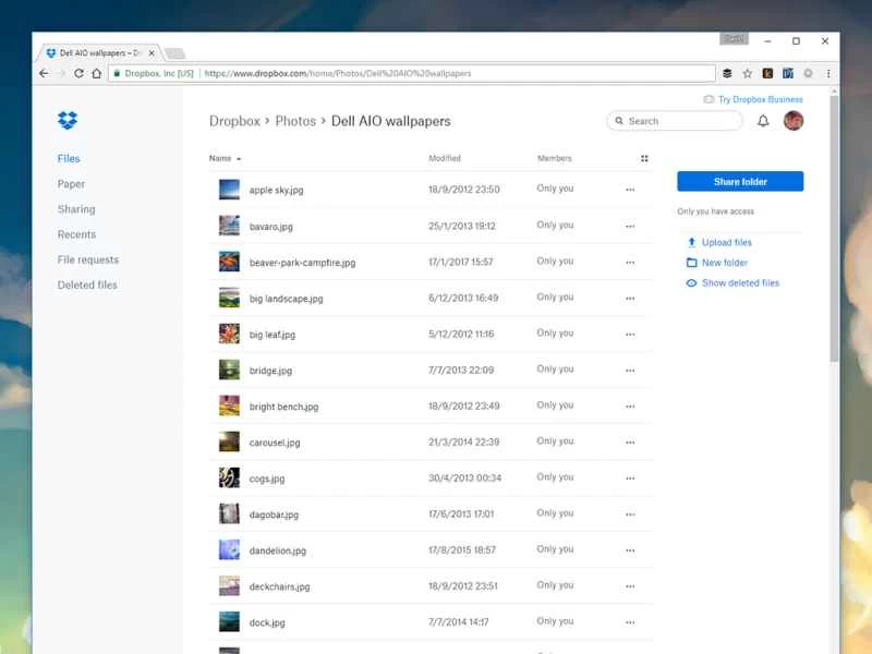 Dropbox 網頁版使用者介面。