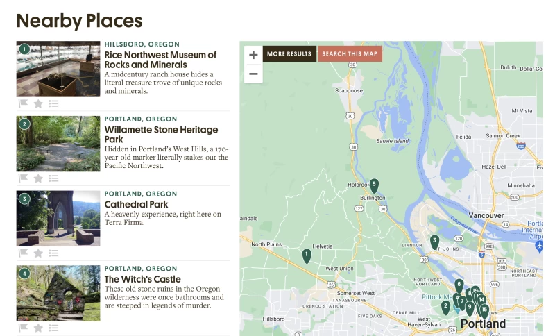 Atlas Obscura 網站的螢幕截圖,顯示了俄勒岡州的地點清單以及標明這些地點位置的地圖。