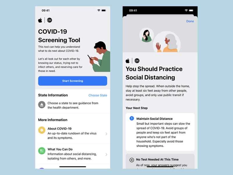 蘋果公司新冠病毒篩檢工具的螢幕截圖