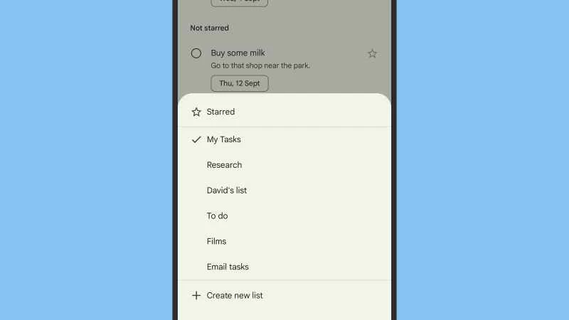 Google Tasks 多列表選項的螢幕截圖