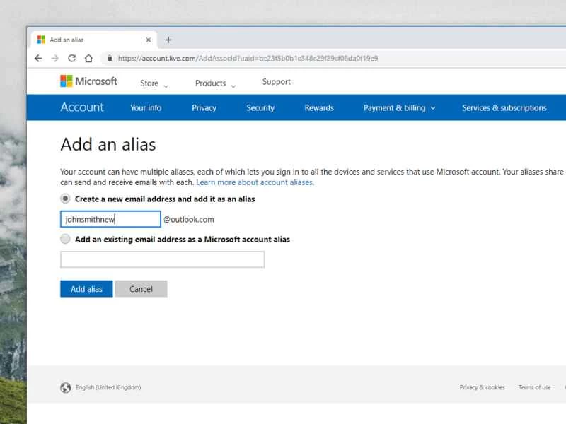 建立 Microsoft Outlook 電子郵件別名的網頁。