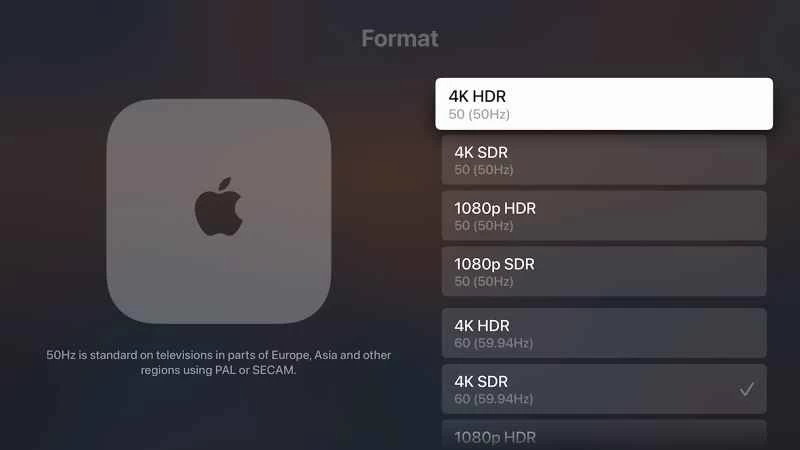 Apple TV 4K螢幕解析度選項。