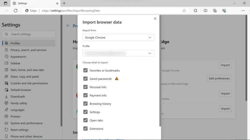 用於將 Chrome 瀏覽器中的書籤和資料匯入 Microsoft Edge 的選單