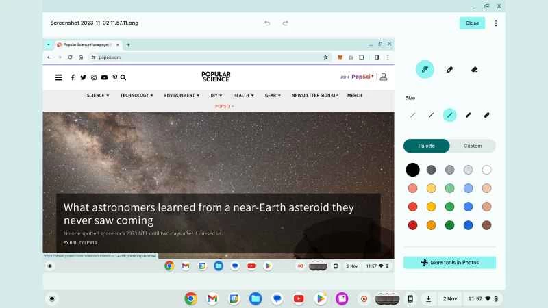 螢幕顯示ChromeOS內建的螢幕截圖影像編輯器工具。