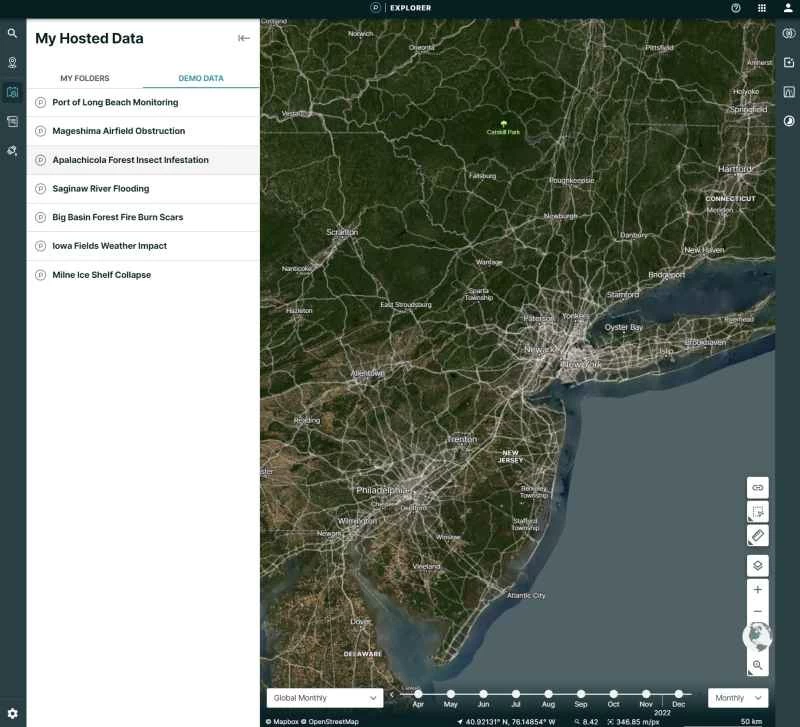 Planet Explorer 使用者介面,適用於管理「我的託管資料」功能的客戶。