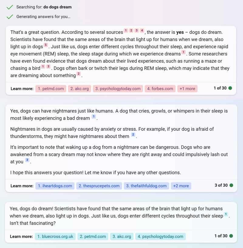 使用 ChatGPT 在 Bing 上搜尋「狗會做夢嗎？」這個問題的答案。