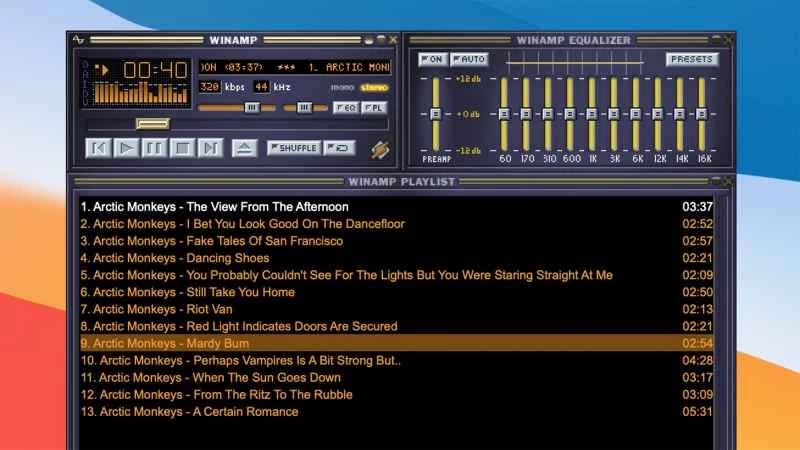 macOS 螢幕使用帶有 Winamp 皮膚的 Reamp 播放音樂