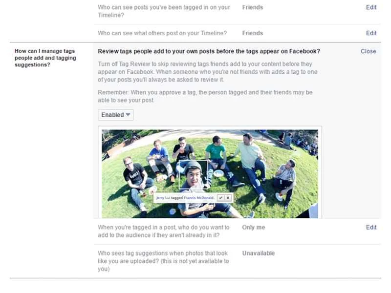 Facebook 安全性和隱私設定頁面上的標記選項
