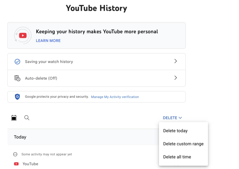YouTube歷史記錄截圖