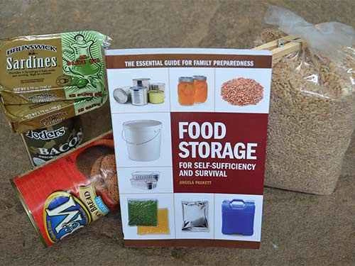 各種物資：沙丁魚、豆類、穀物和一本食品儲存手冊。