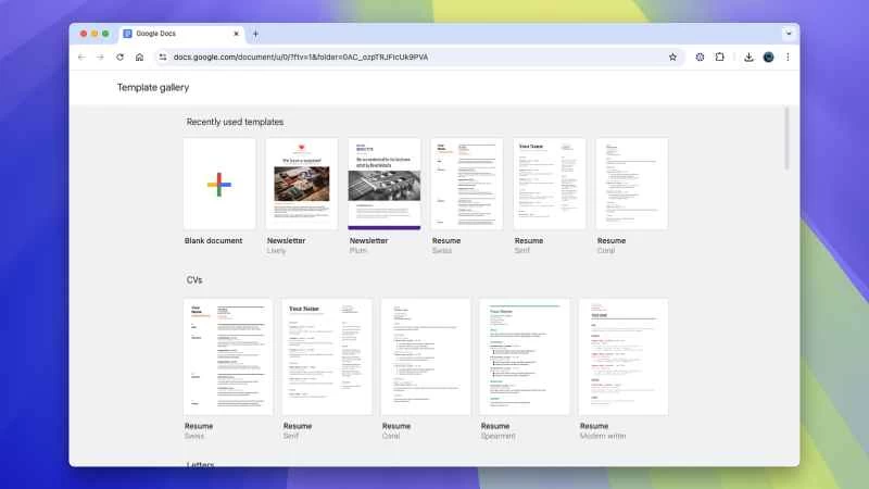 Google 文件中的範本選項