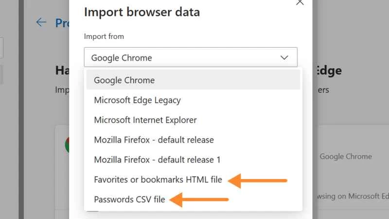 Microsoft Edge 瀏覽器資料匯入選單