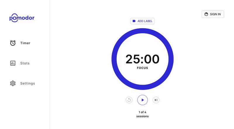 Pomodor瀏覽器介面，一款番茄工作法應用程式。