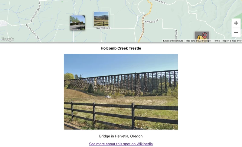 whats-near.me 網站的截圖,顯示了一張地圖和一座橫跨草地的木橋。