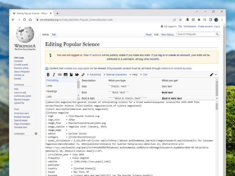 維基百科的編輯介面,顯示的是一篇關於《大眾科學》雜誌的文章。