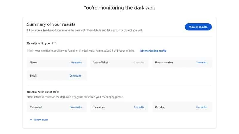 Google「您正在監控暗網」頁面的截圖