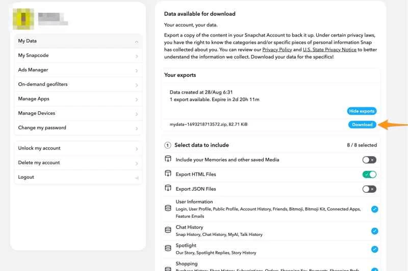 Snapchat 的數據畫面顯示了保存資料的下載位置。